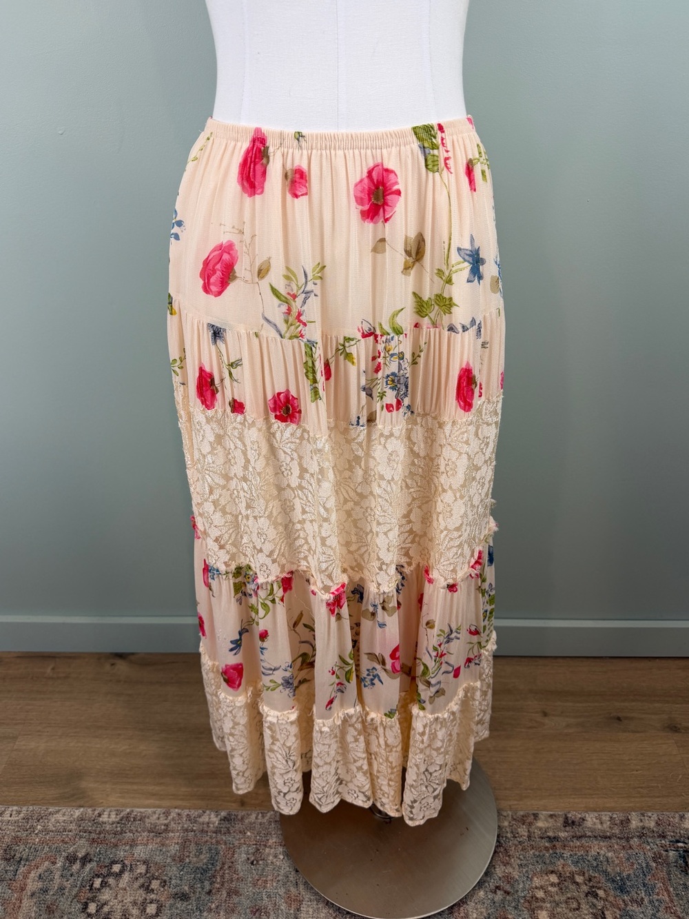 Boston Proper tiered floral patchwork maxi skirt, romantic, cottagecore Size Sm.